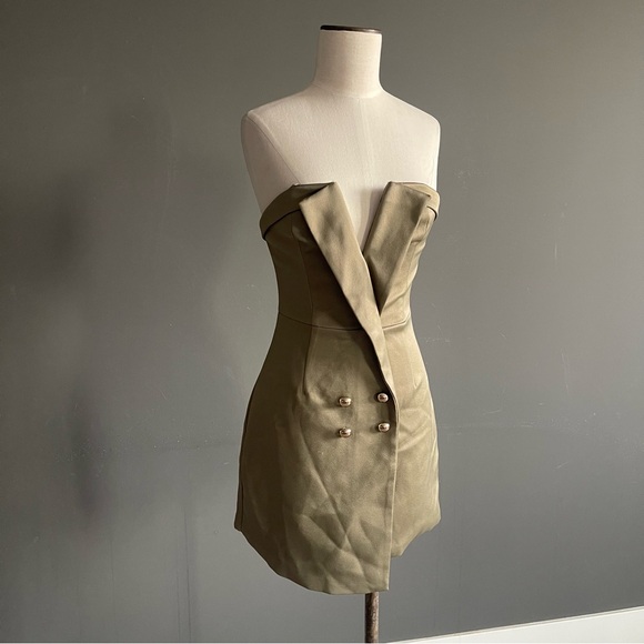 NBD Dresses & Skirts - NBD Strapless Olive Tuxedo Mini Dress Off Shoulder Double Breasted